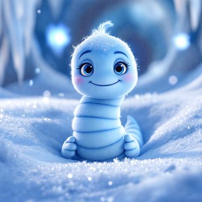 The primary subject of the image is a small, blue, smiling creature, possibly a baby dragon or a character from a children's story. It is sitting in a snowy environment, surrounded by a white, fluffy snow. The visual style of the image is a digital art or illustration, with a focus on the character's facial expression and the overall composition. The colors and mood of the image are predominantly blue and white, creating a sense of warmth and comfort despite the cold, snowy